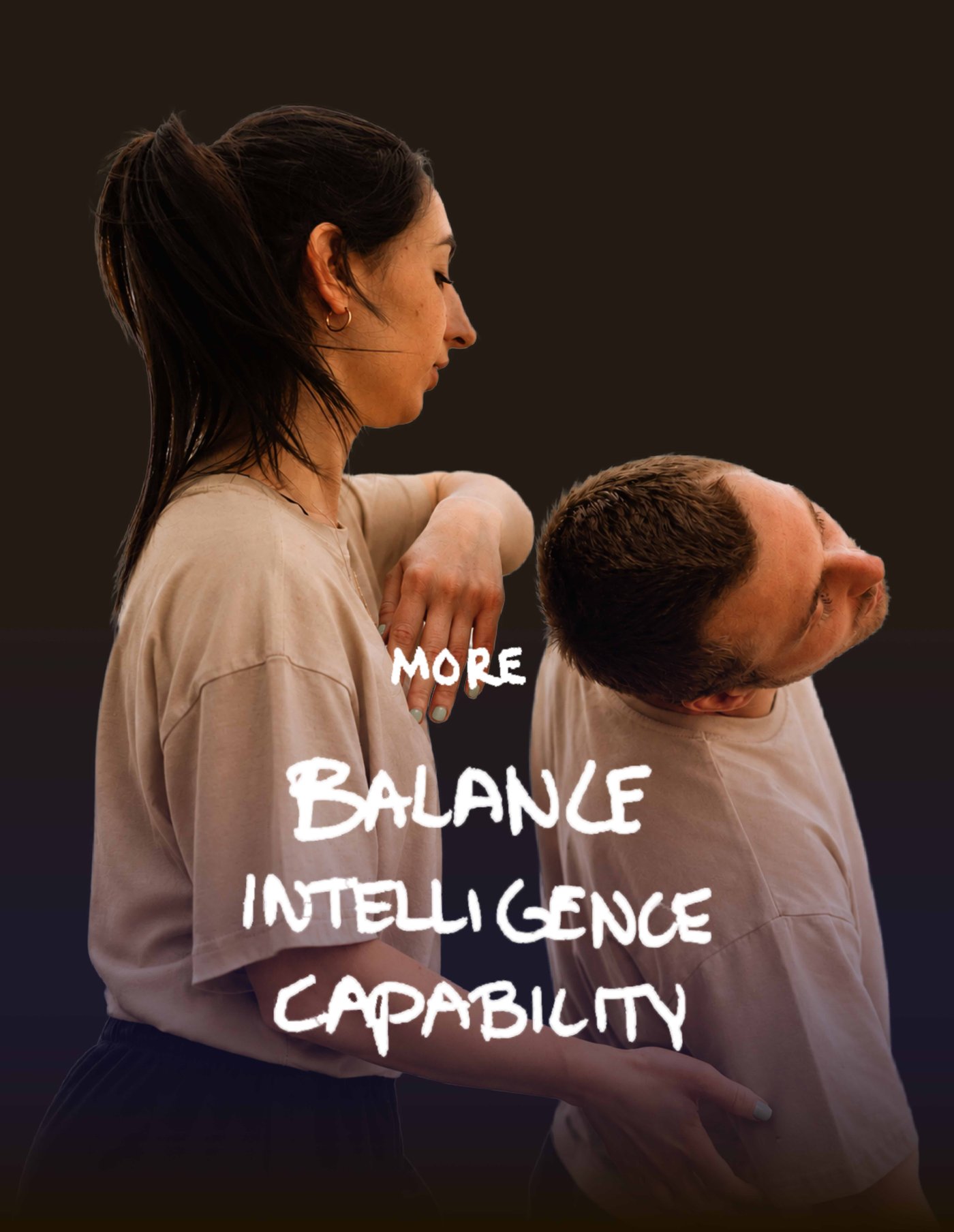 Two dancers in a partner exercise, one leaning back over the other's arm, with the words: more balance, intelligence, capability