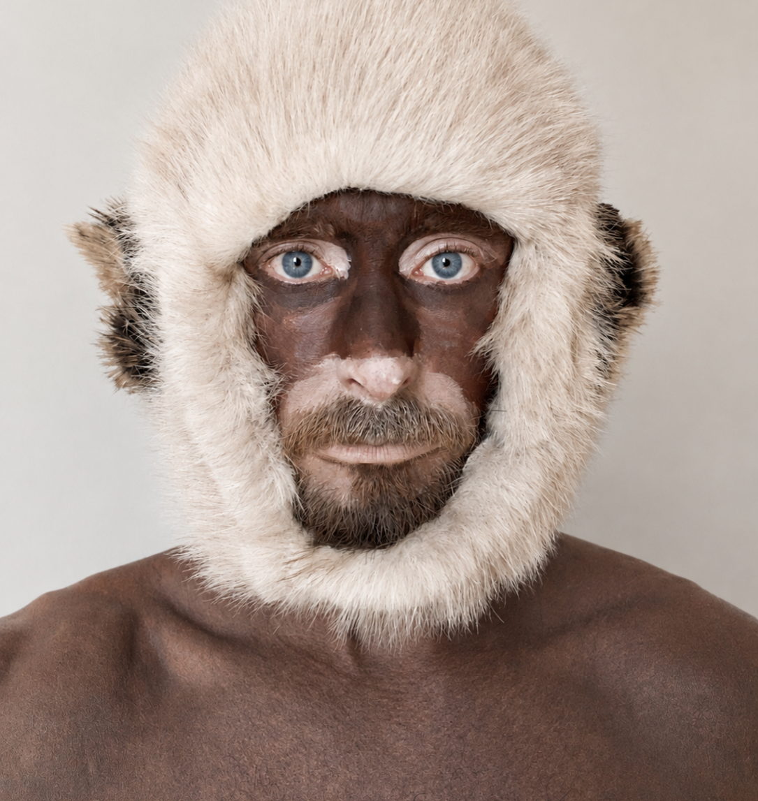 Portrait of Sam as Kopala, wearing a white fur hood with painted face