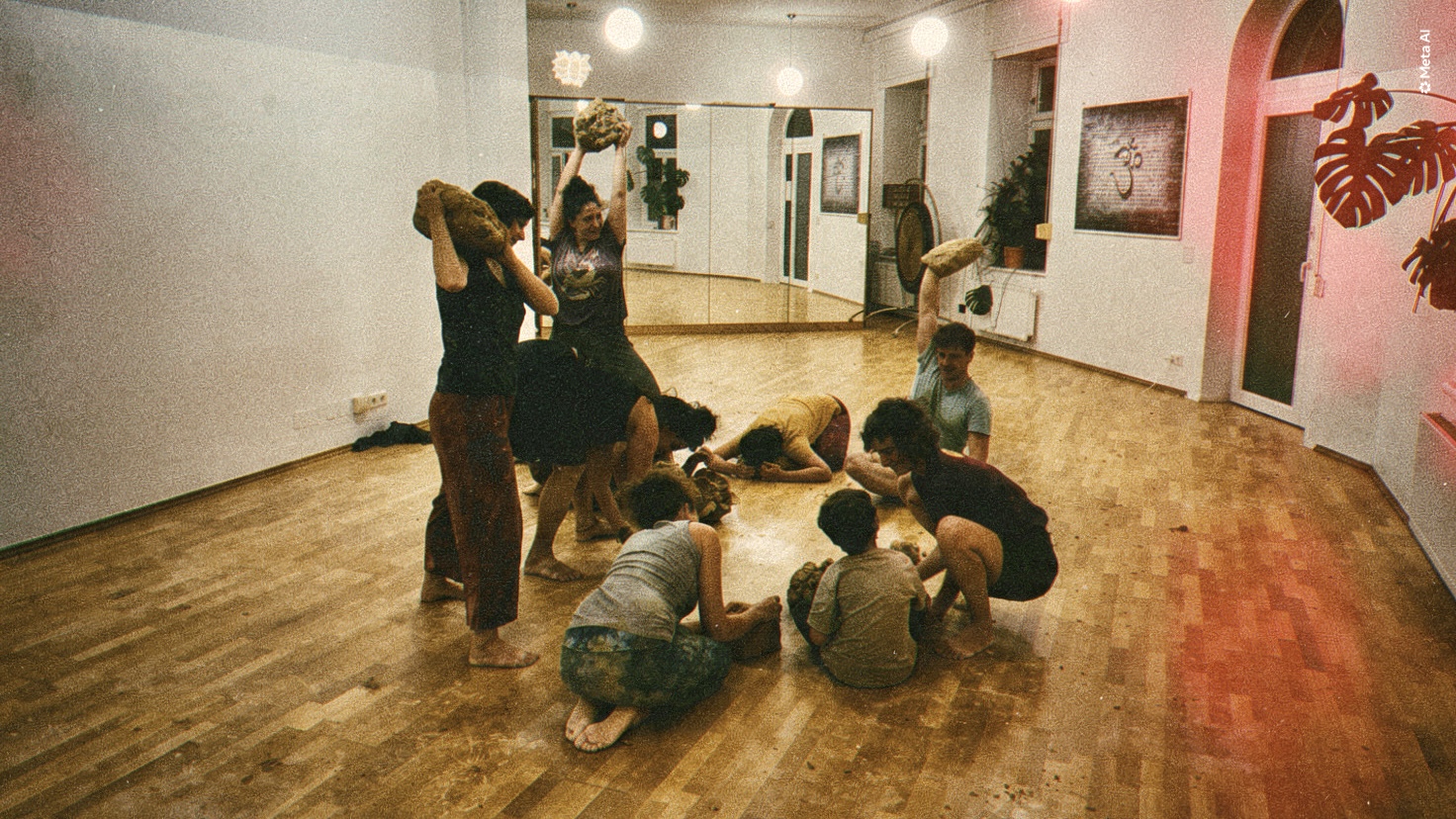 People lifting and carrying lumps of clay in a bright studio