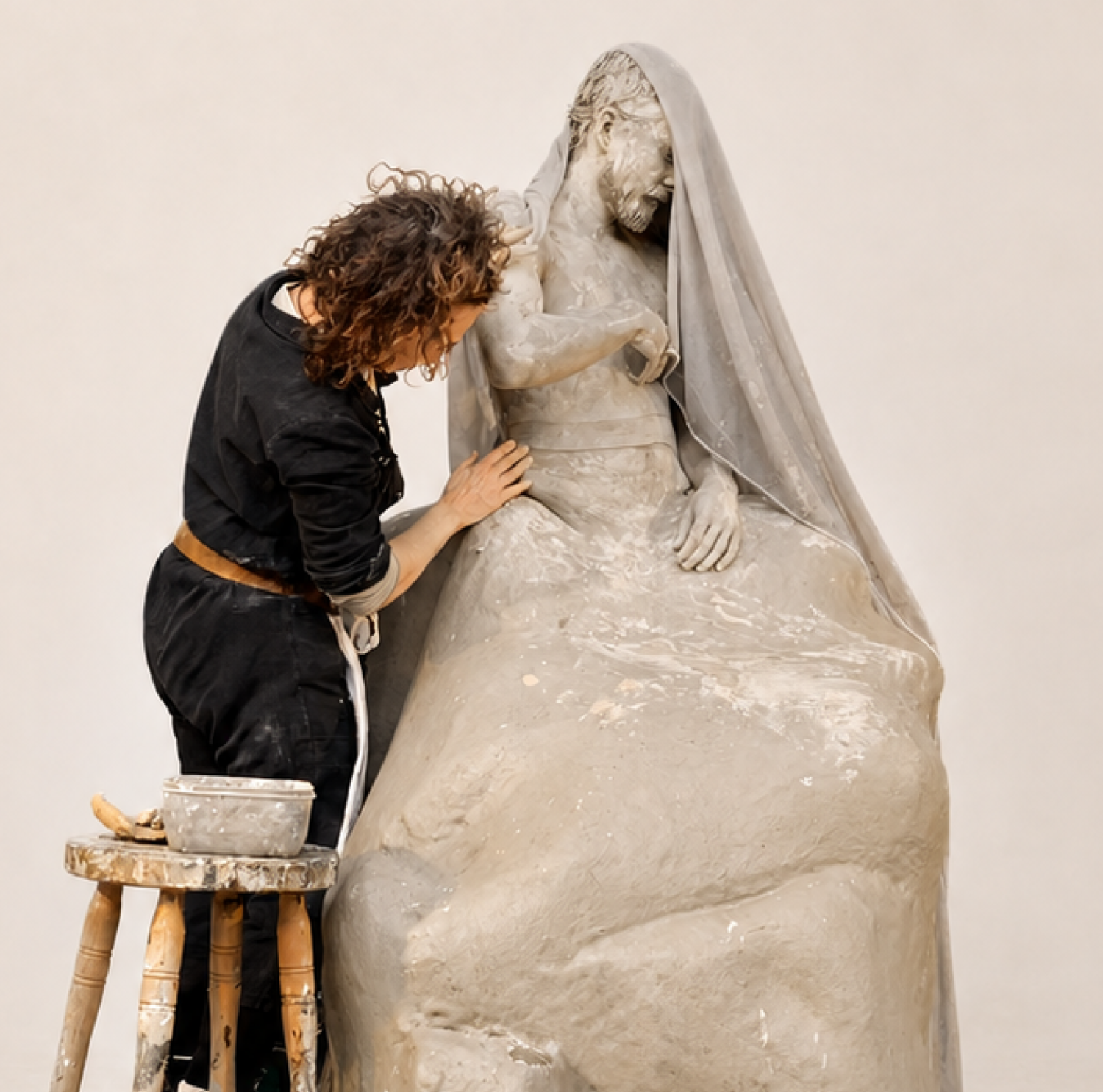A sculptor shaping a life-size clay figure covered in a veil